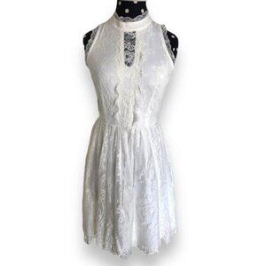 Francesca's Alya Womens Dress Sz XS White Eyelash Lace Fit and Flare High Neck